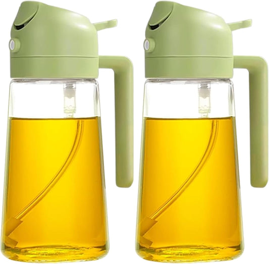 Olive Oil Dispenser Bottle - Green 2-in-1 Spray & Pour, 470ml Non-Drip Glass for Cooking, Air Fryer, and Grilling - Compact and Durable, 2Pcs