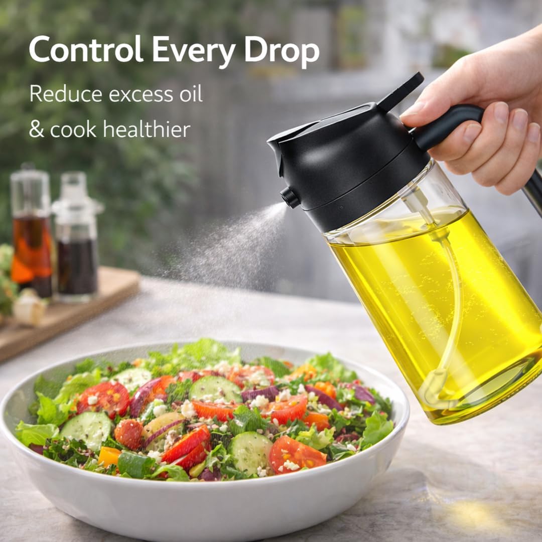2-in-1 Olive Oil Sprayer & Dispenser Bottle – 470ml/16oz Glass Oil Mister for Cooking, Air Fryer, Salad & BBQ – Spray & Pour with 2 Free Brushes – Premium Oil Spray Bottle (Black)