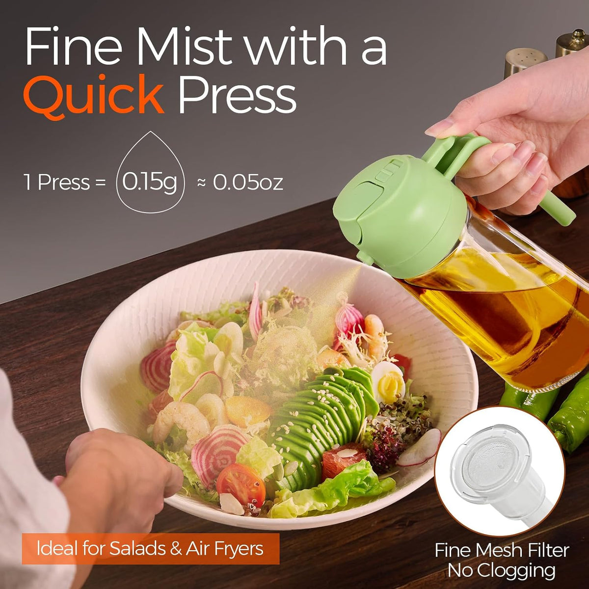 YARRAMATE 16oz/470ml Glass Olive Oil Sprayer for Cooking with Stickers, 2 in 1 Oil Dispenser for Kitchen Gadgets, Food Grade Premium Spray Bottle with Portion Control for Salad, Frying, BBQ (Green)
