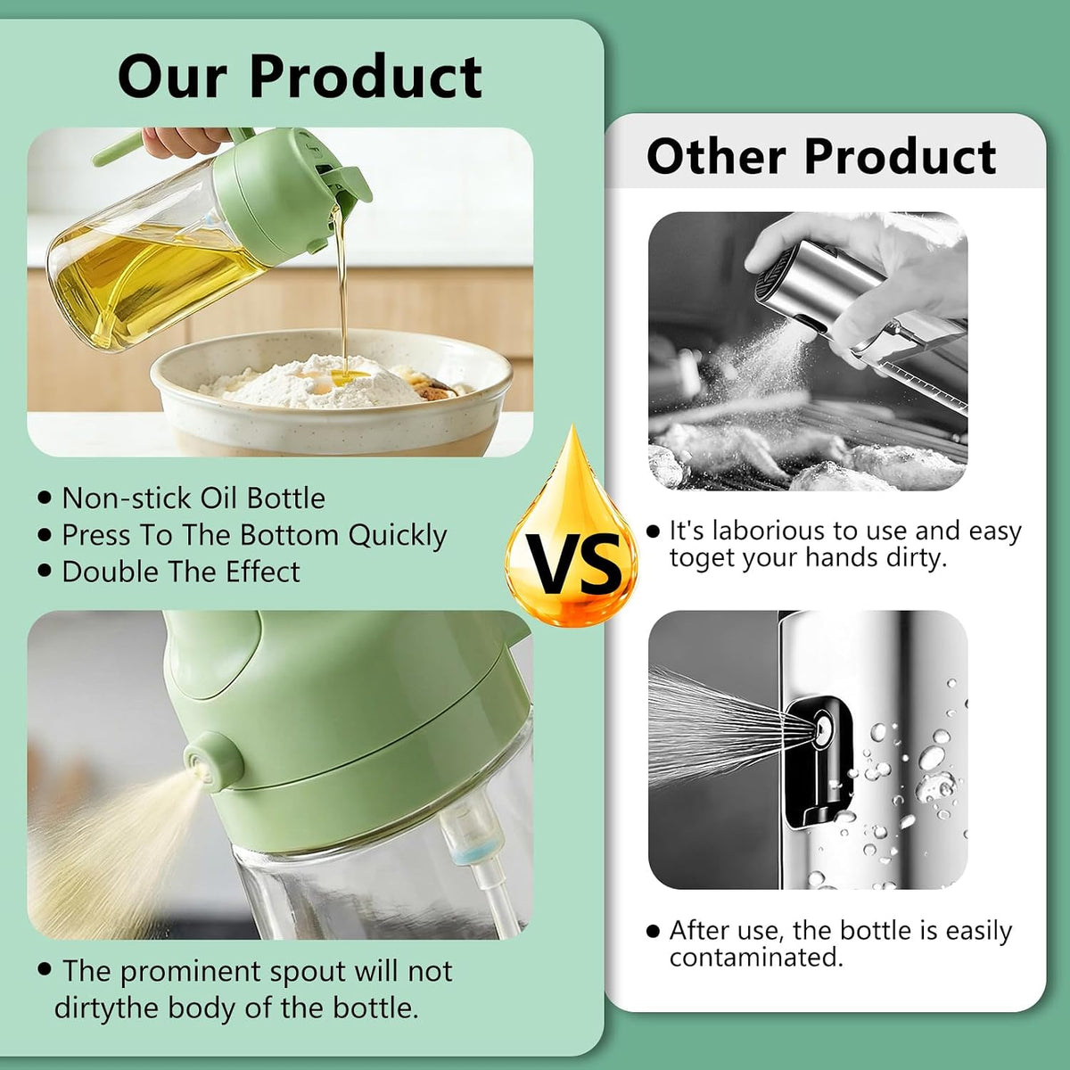Oil Sprayer for Cooking, 2-in-1 Oil Mister & Dispenser Bottle for Air Fryer, Salad, BBQ, Kitchen Gadgets Accessories, 2 Pack