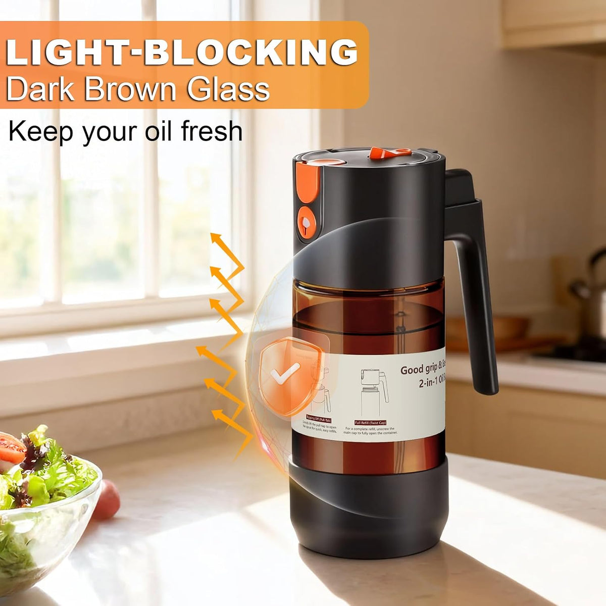 2-IN-1 Oil Sprayer for Cooking with 8 Stickers Light-Blocking Dark Glass Olive Oil Dispenser Bottle for Kitchen 500ml/16.9oz Oil Mister for Air Fryer, BBQ,Salad Even Spray with Portion Control