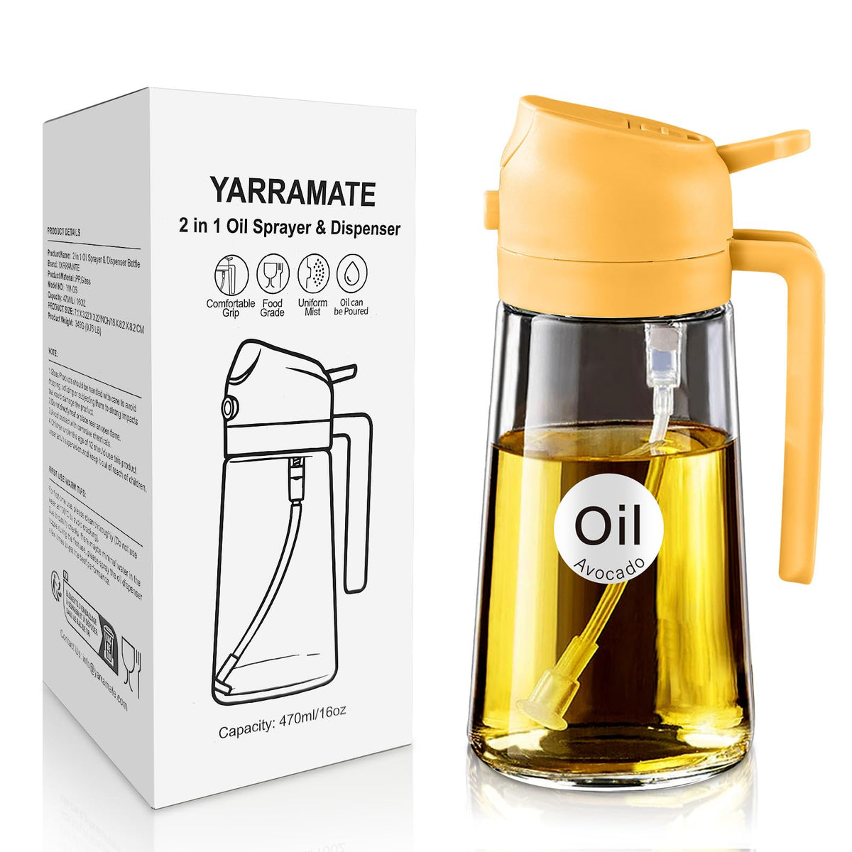YARRAMATE 16 oz 2-in-1 Glass Olive Oil Sprayer for Cooking, Orange