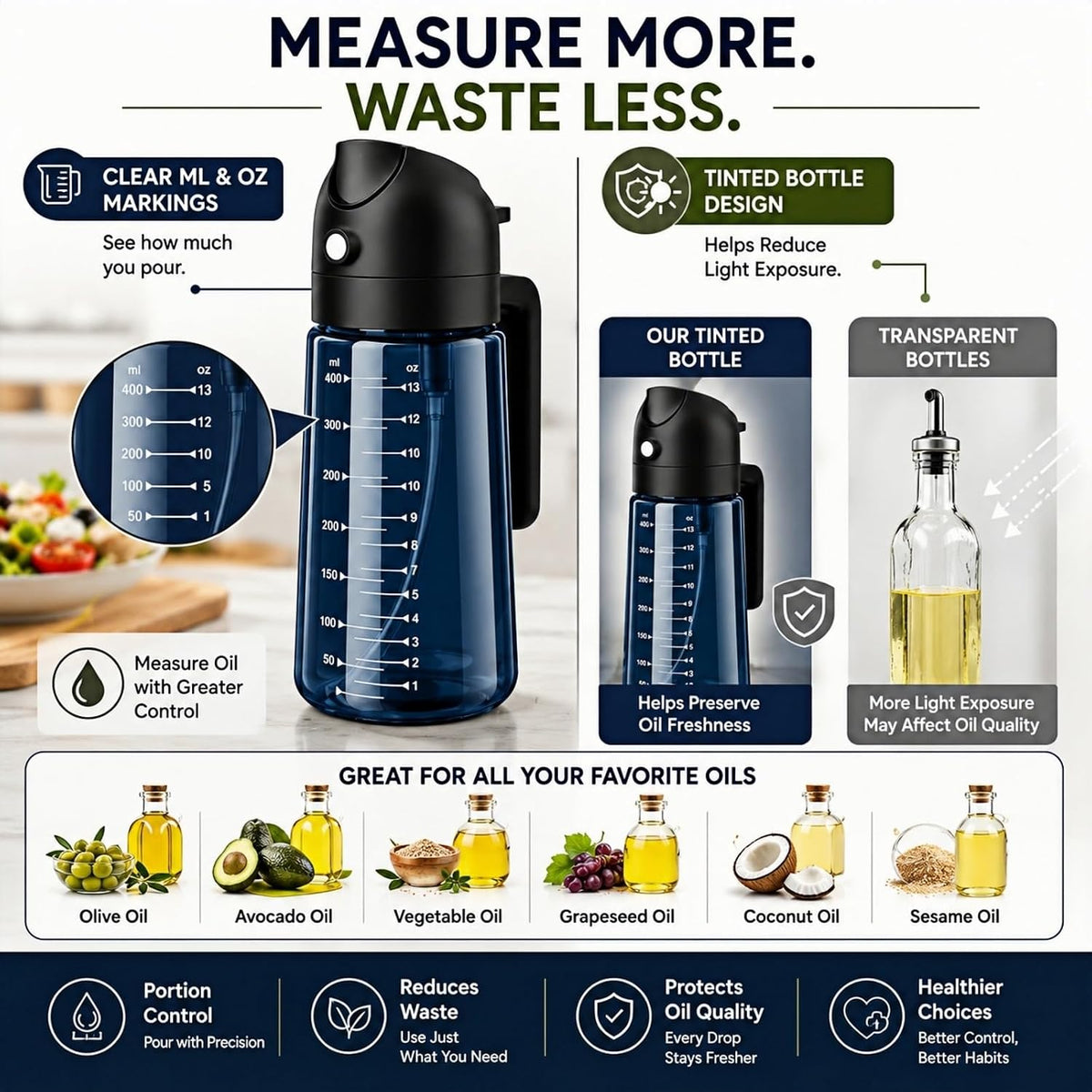 16 Oz Olive Oil Sprayer for Cooking, 2 in 1 Light Blocking Glass Dispenser