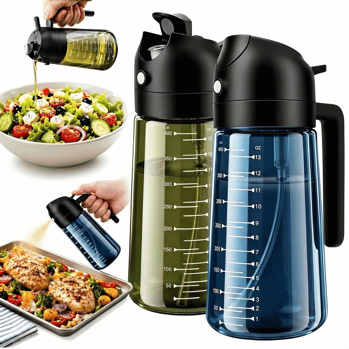 16 Oz Olive Oil Sprayer for Cooking, 2 in 1 Light Blocking Glass Dispenser
