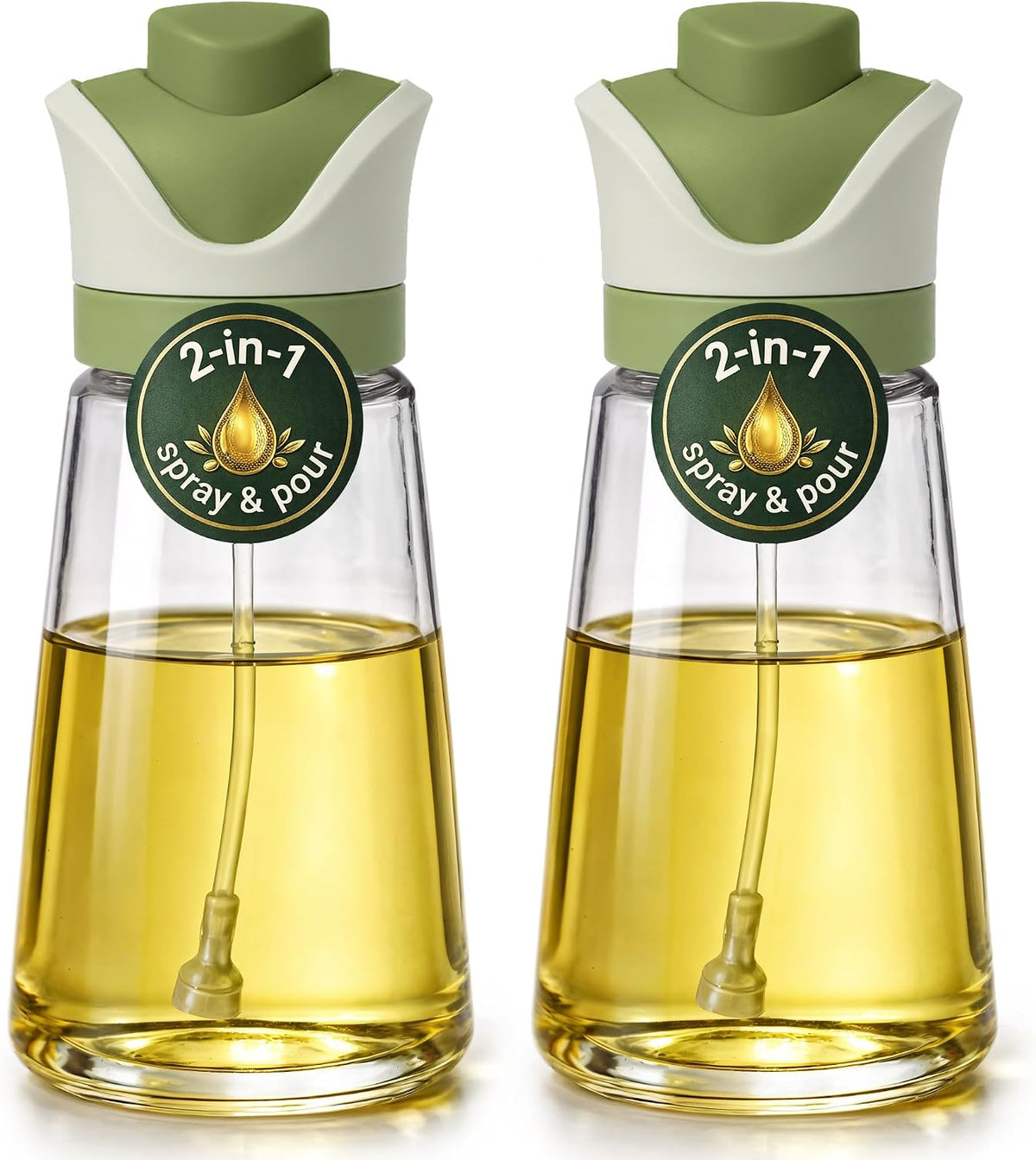 Olive Oil Dispenser for Kitchen | 2-in-1 Pour and Spray | 7.7 oz / 230 ml | Glass Olive Oil Sprayer for Cooking, Airfryer, Salad & BBQ | Set of 2 Bottles, Green