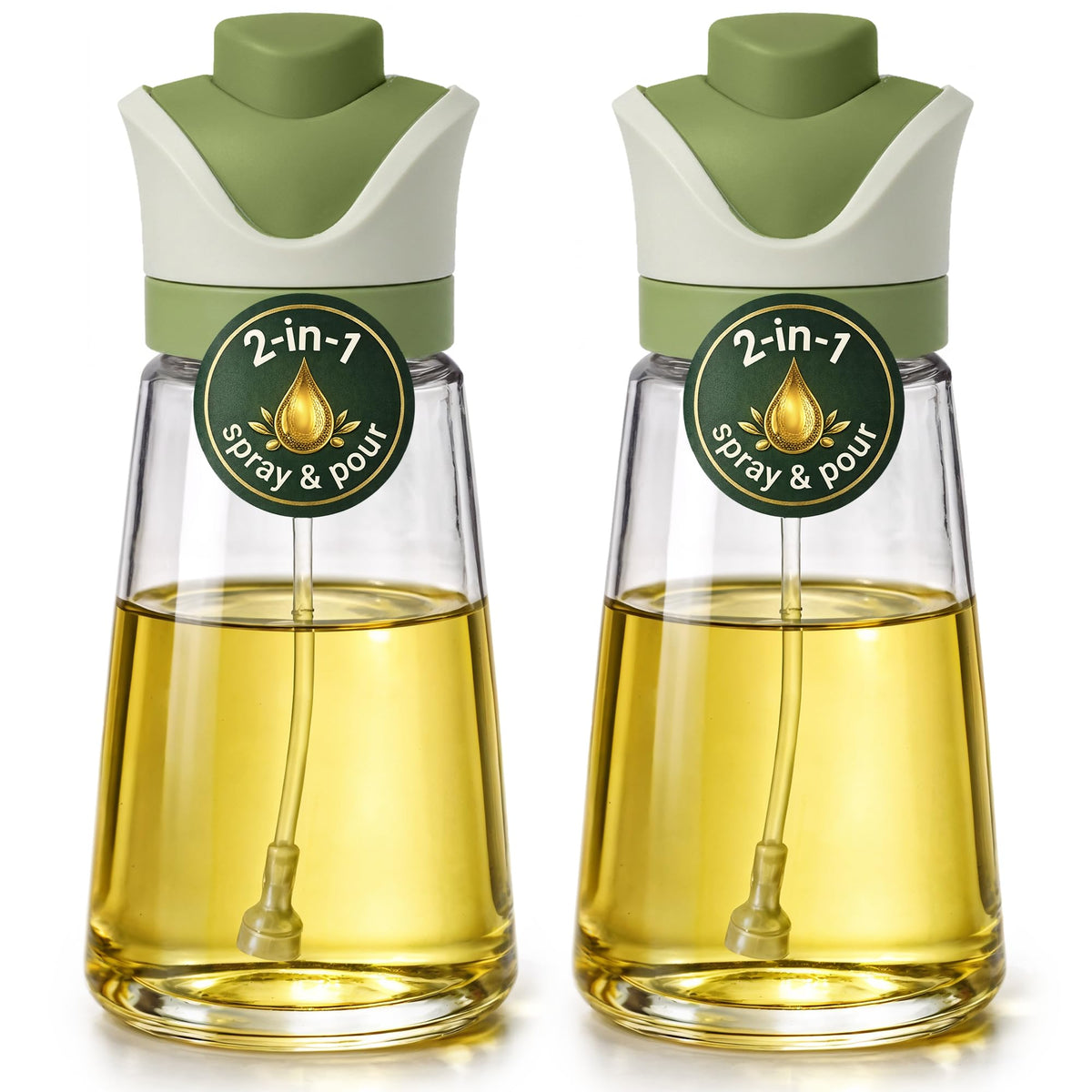 Olive Oil Dispenser for Kitchen | 2-in-1 Pour and Spray | 7.7 oz / 230 ml | Glass Olive Oil Sprayer for Cooking, Airfryer, Salad & BBQ | Set of 2 Bottles, Green