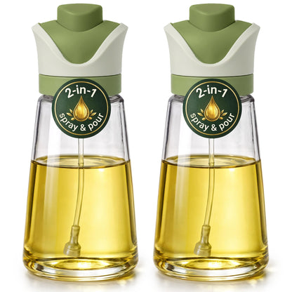 Olive Oil Dispenser for Kitchen | 2-in-1 Pour and Spray | 7.7 oz / 230 ml | Glass Olive Oil Sprayer for Cooking, Airfryer, Salad & BBQ | Set of 2 Bottles, Green