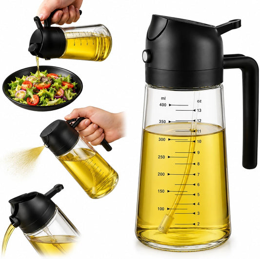 16oz/470ml Glass Olive Oil Sprayer & Dispenser, 2-in-1 Oil Spray Bottle with Pour Spout, Refillable Cooking Oil Dispenser for Air Fryer, Salad, BBQ & Kitchen