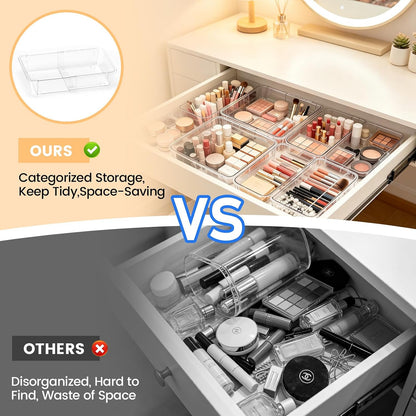 20PCS Clear Drawer Organizer Set, Expandable Acrylic Vanity Storage Bins, 2 Sizes Adjustable Plastic Junk Drawer Dividers, BPA-Free Non-Slip Stackable Organizers for Makeup, Bedroom, Office & Tools