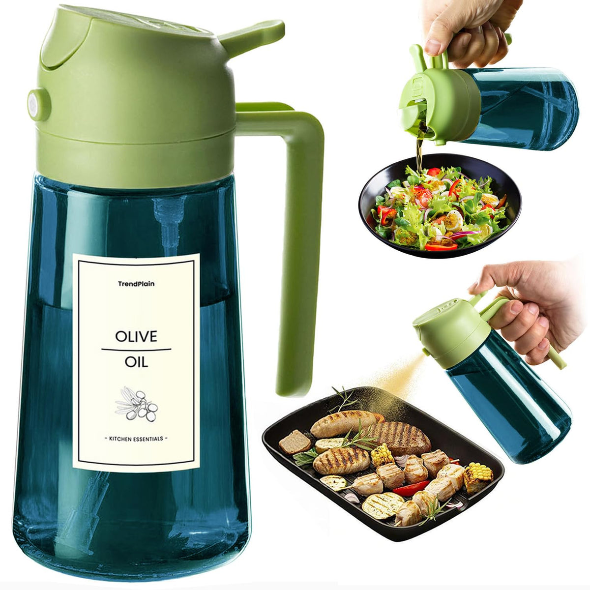 TrendPlain 16oz/470ml Blue Glass Olive Oil Sprayer for Cooking - 2 in 1 Olive Oil Dispenser for Kitchen Gadgets, Air Fryer, Salad, and BBQ (1 Pack, Black & Navy)