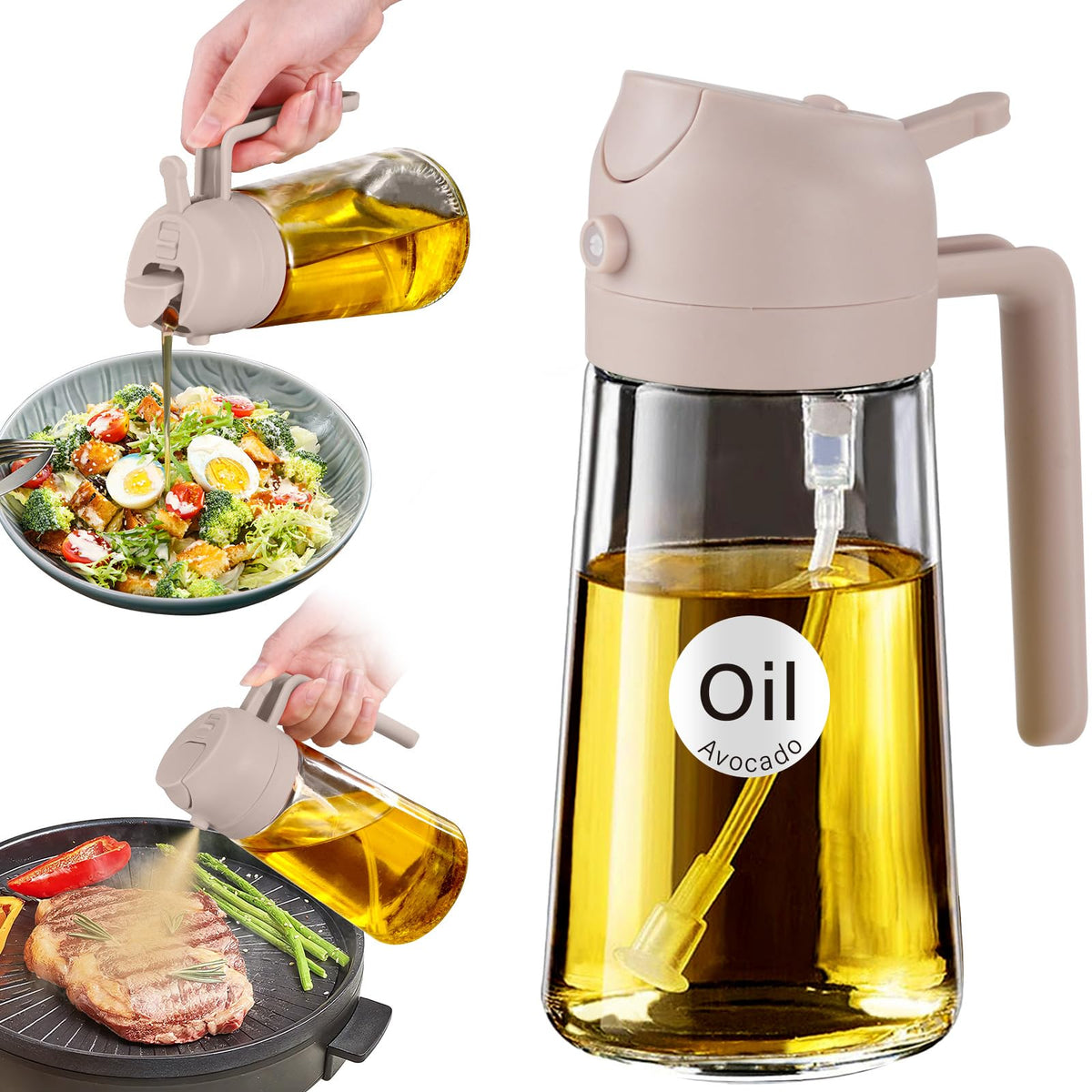 YARRAMATE 16oz/470ml Glass Olive Oil Sprayer for Cooking with Stickers, 2 in 1 Oil Dispenser for Kitchen Gadgets, Food Grade Premium Spray Bottle with Portion Control for Salad, Frying, BBQ (Green)