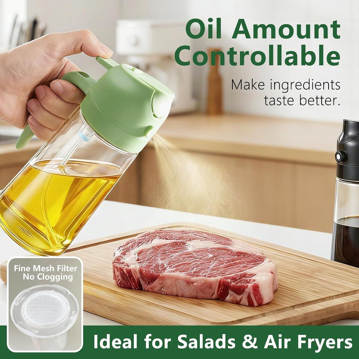 Oil Sprayer for Cooking, 2-in-1 Oil Mister & Dispenser Bottle for Air Fryer, Salad, BBQ, Kitchen Gadgets Accessories, 2 Pack