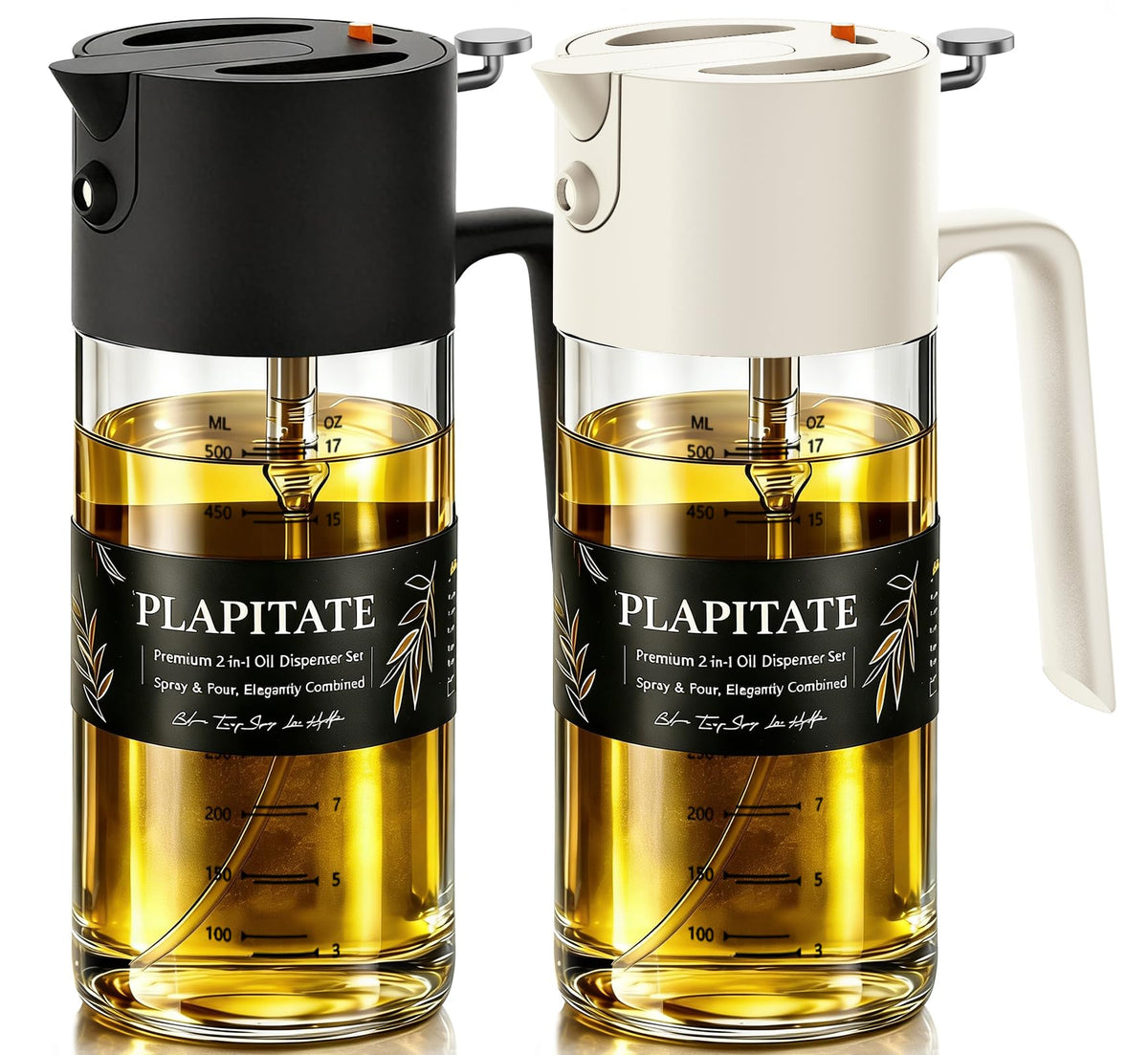 PLAPITATE 17oz/500ml Premium Olive Oil Sprayer for Cooking, 2 in 1 Glass Olive Oil Dispenser Bottle for Kitchen Gadgets, Spray Bottle with Portion Control for Salad, Frying, BBQ (Black)