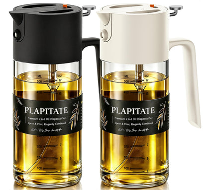 PLAPITATE 17oz/500ml Premium Olive Oil Sprayer for Cooking, 2 in 1 Glass Olive Oil Dispenser Bottle for Kitchen Gadgets, Spray Bottle with Portion Control for Salad, Frying, BBQ (Black)