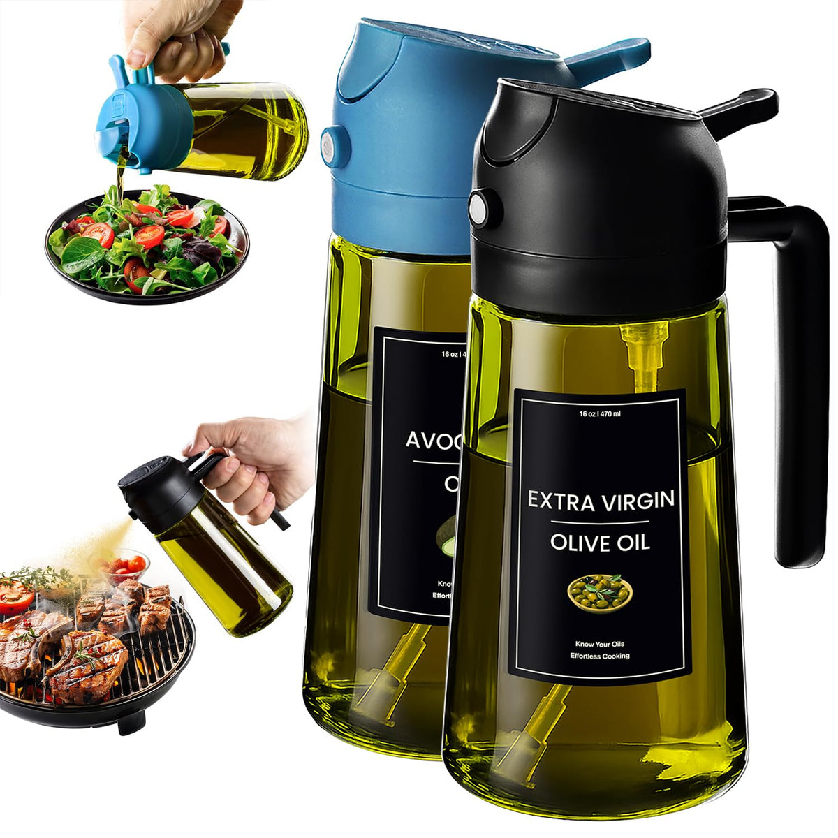 CXINYI - 16oz/470ml Olive Oil Dispenser for Kitchen with Stickers - 2 in 1 Olive Oil Sprayer for Cooking, Air Fryer, and Salad, Black&Green (Light-Proof Kitchen Gadget)