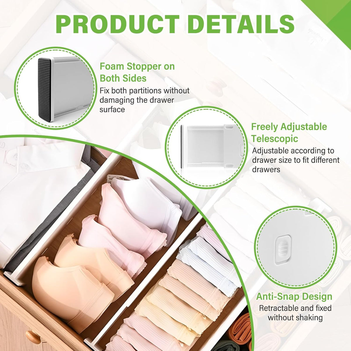5 Pack Drawer Dividers 3.2" High Slim Organizers Expandable 10.8-17.9" Adjustable Separators for Shallow Drawers Kitchen Utensils Baby Clothes Underwear Storage-White