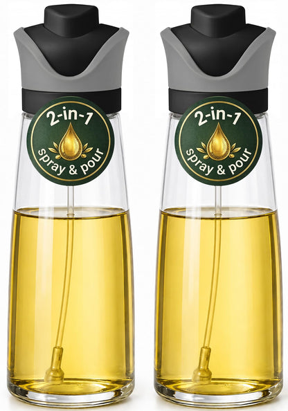 Olive Oil Dispenser for Kitchen 2-in-1 Pour and Spray | 11.5 oz / 340 ml | Glass Olive Oil Sprayer for Cooking, Airfryer, Salad & BBQ | Set of 2 Bottles, White