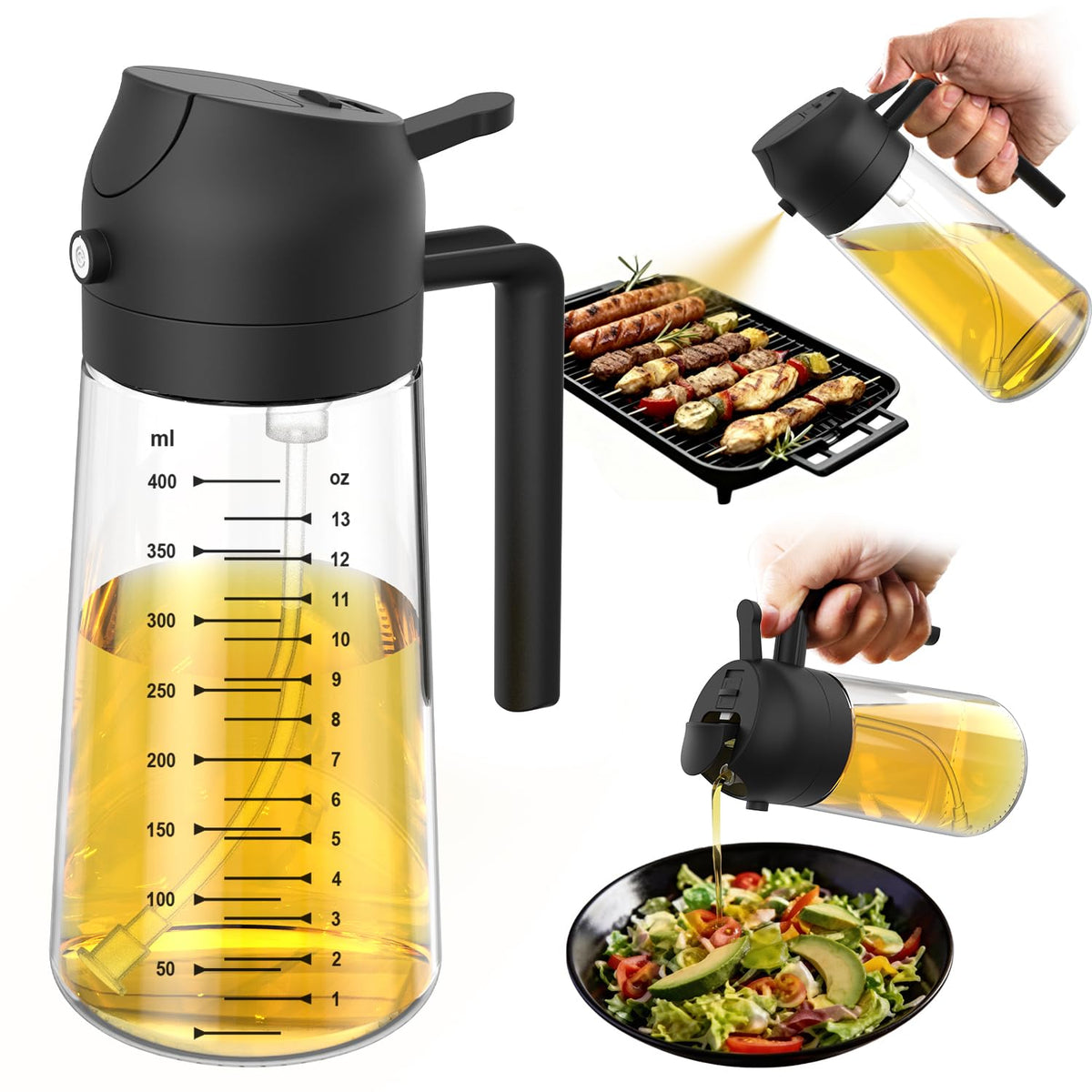 TrendPlain 16oz/470ml Glass Olive Oil Sprayer for Cooking – 2 in 1 Olive Oil Dispenser Bottle for Kitchen Gadgets and Air Fryer Accessories, Salad, BBQ - Ash