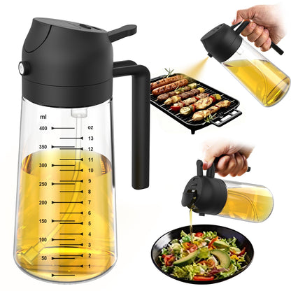TrendPlain 16oz/470ml Glass Olive Oil Sprayer for Cooking – 2 in 1 Olive Oil Dispenser Bottle for Kitchen Gadgets and Air Fryer Accessories, Salad, BBQ - Ash