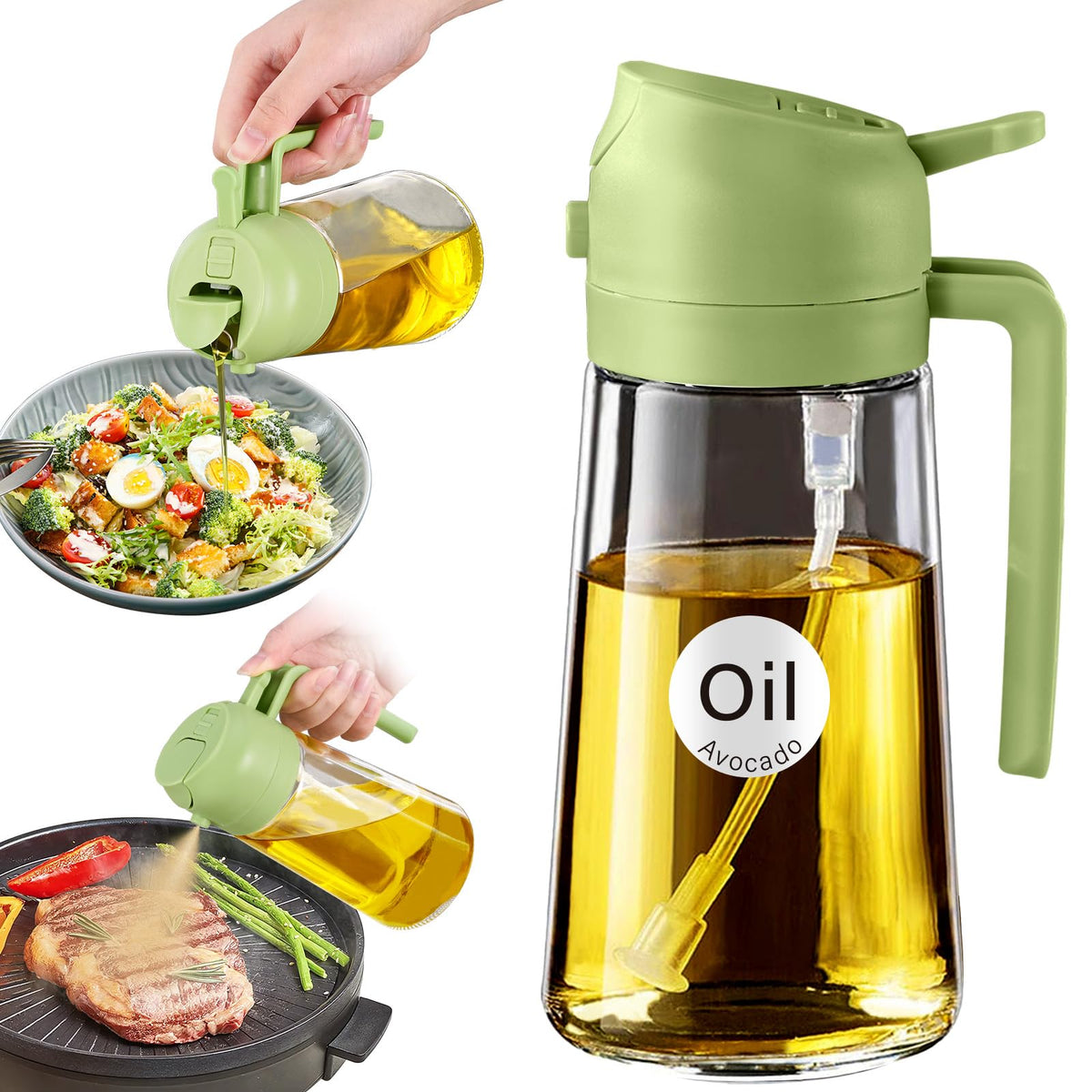 YARRAMATE 16 oz 2-in-1 Glass Olive Oil Sprayer for Cooking, OliveGreen