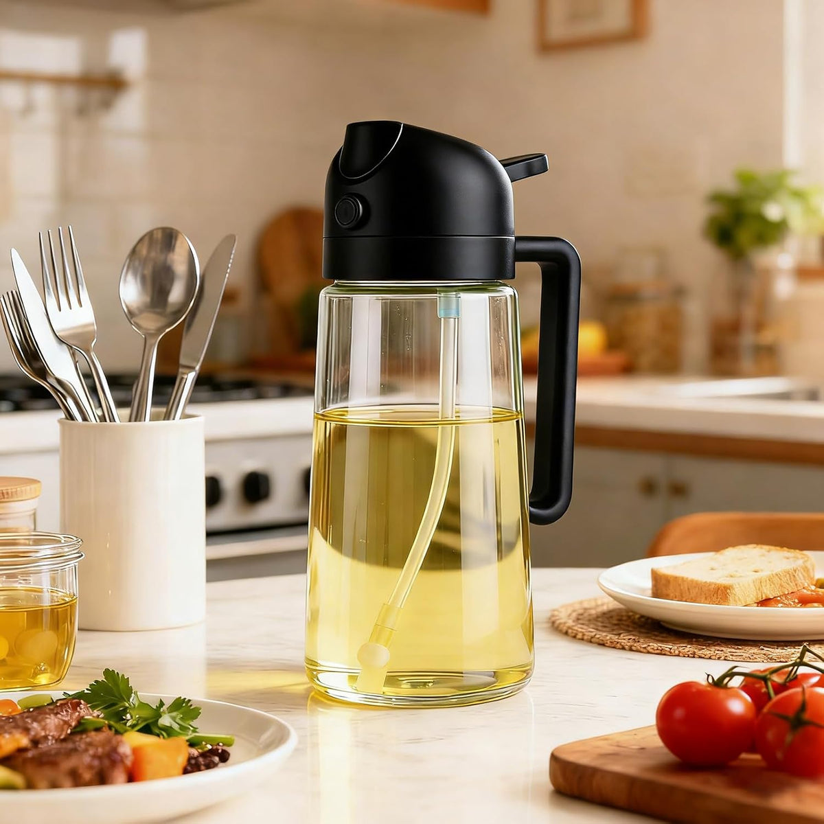 16oz Glass Oil Spray Bottle, 2-in-1 Dispenser with Pour Spout, for Cooking Air Fryers Salads BBQ(Black)
