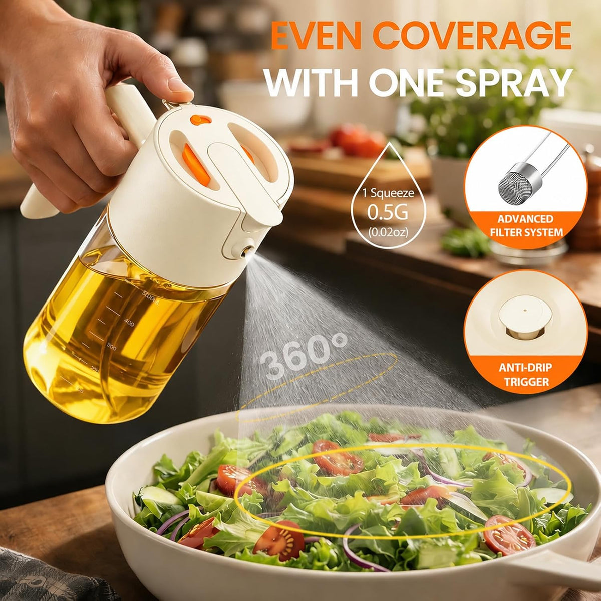 Costop Oil Sprayer for Cooking, 2025 Large Advanced Olive Oil Dispenser Bottle,500ml/17oz Glass Olive Oil Sprayer,2 in 1 Even Spray with Portion Control for Kitchen, Air Fryer, Salad, BBQ - White