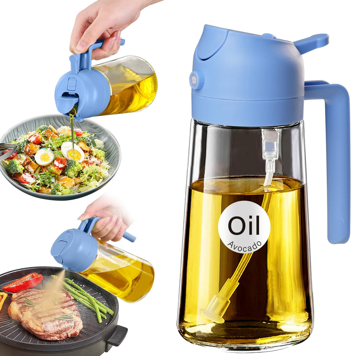 YARRAMATE 16oz/470ml Glass Olive Oil Sprayer for Cooking with Stickers, 2 in 1 Oil Dispenser for Kitchen Gadgets, Food Grade Premium Spray Bottle with Portion Control for Salad, Frying, BBQ (Green)