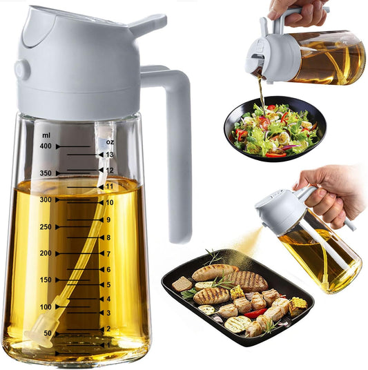 TrendPlain 16oz/470ml Glass Olive Oil Sprayer for Cooking – 2 in 1 Olive Oil Dispenser Bottle for Kitchen Gadgets and Air Fryer Accessories, Salad, BBQ - Ash