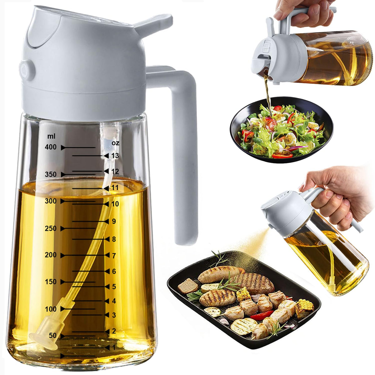 TrendPlain 16oz/470ml Glass Olive Oil Sprayer for Cooking – 2 in 1 Olive Oil Dispenser Bottle for Kitchen Gadgets and Air Fryer Accessories, Salad, BBQ - Black