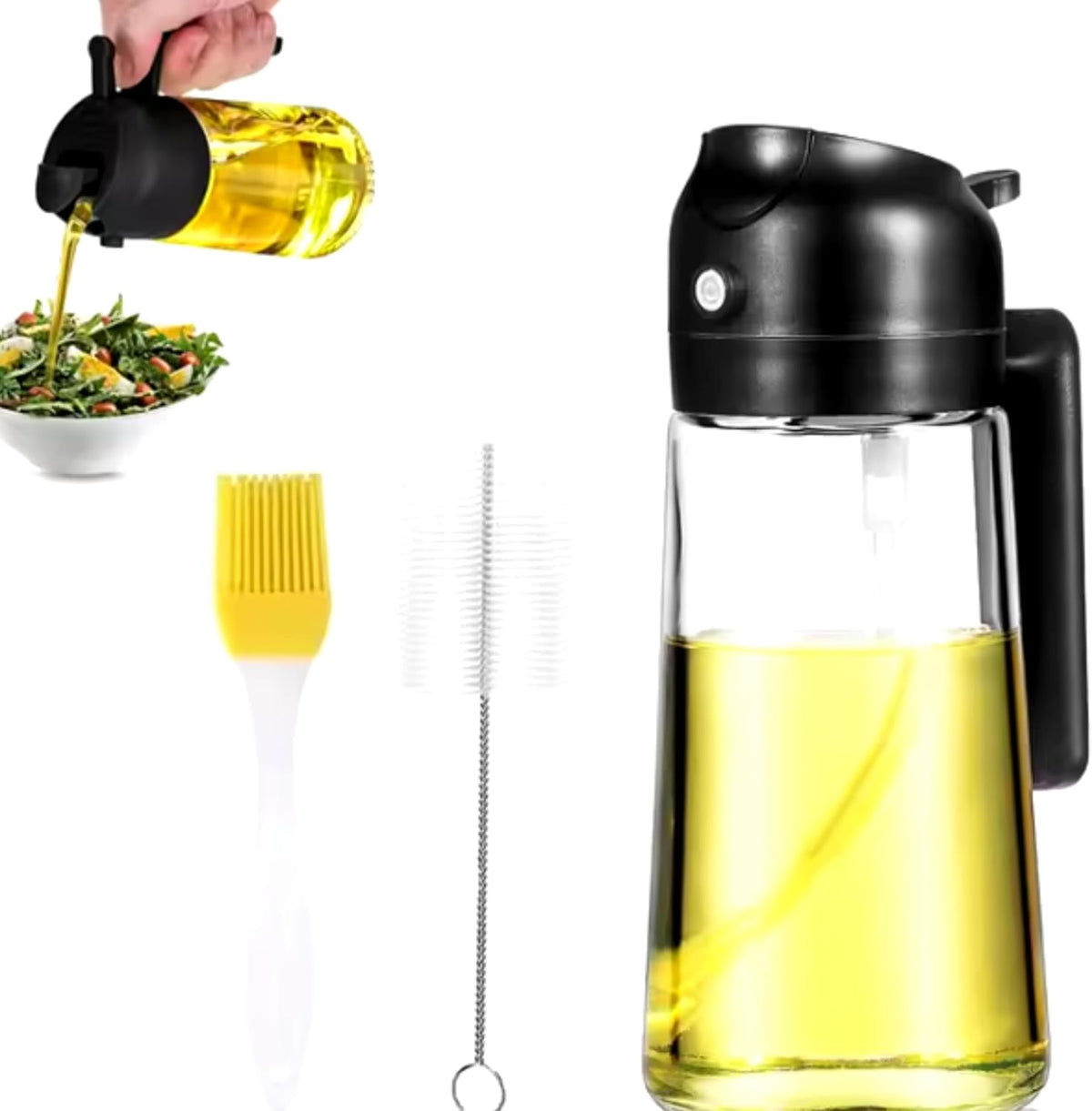 2 in 1 Oil Sprayer & Dispenser for Cooking | 16oz/470ml Glass Olive Oil Sprayer with Brush | Oil Spray Bottle with Pourer, Food-grade Oil Mister for Air Fryer, Salad, Frying, BBQ (Black)