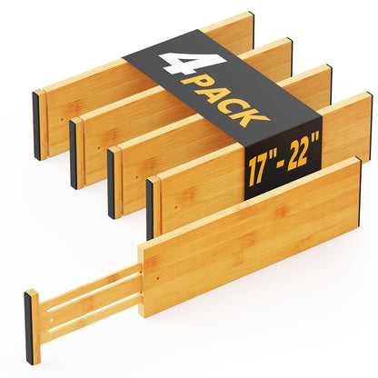 SpaceAid Bamboo 4 Pack Dresser Drawer Dividers, 4.65“ High Adjustable 12.5“-17” Drawer Organizers, Expandable Organization for Clothing, Clothes, Dressers, Natural