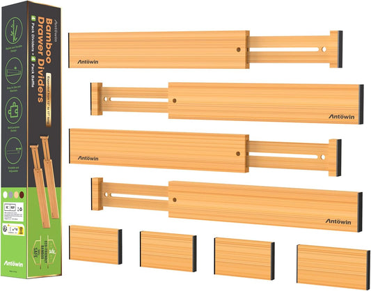 ANTOWIN Bamboo Drawer Dividers Organizers, Drawer Separators Splitter,13-17 inches Long Adjustable Spring-loaded Organizer for Large Utensil, Clothes, Tools Drawers (4+3)