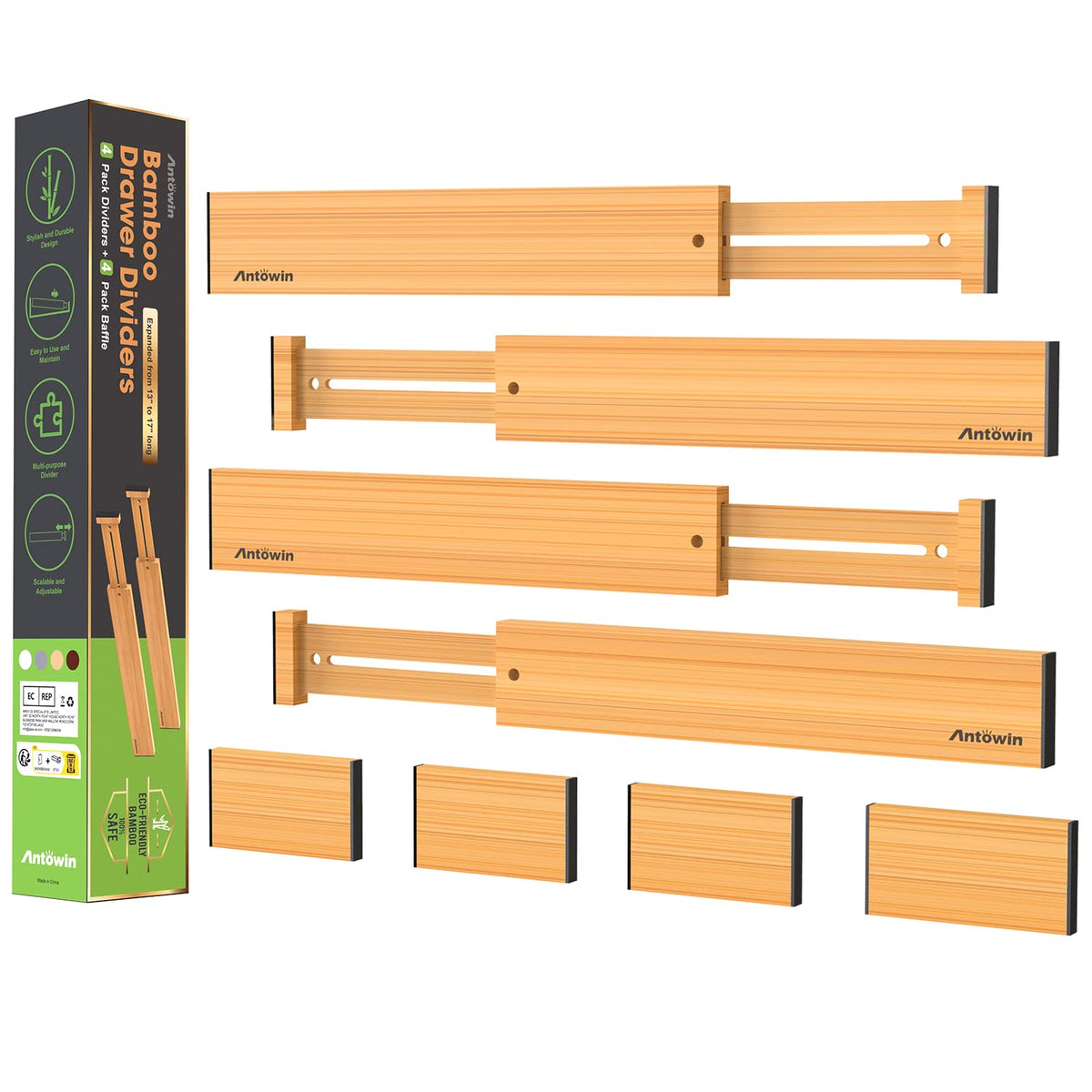 ANTOWIN Bamboo Drawer Dividers Organizers, Drawer Separators Splitter,13-17 inches Long Adjustable Spring-loaded Organizer for Large Utensil, Clothes, Tools Drawers (4+3)