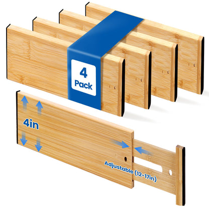 4 Pack 6" Deep Bamboo Drawer Dividers, 17-22" Expandable Kitchen Organizers