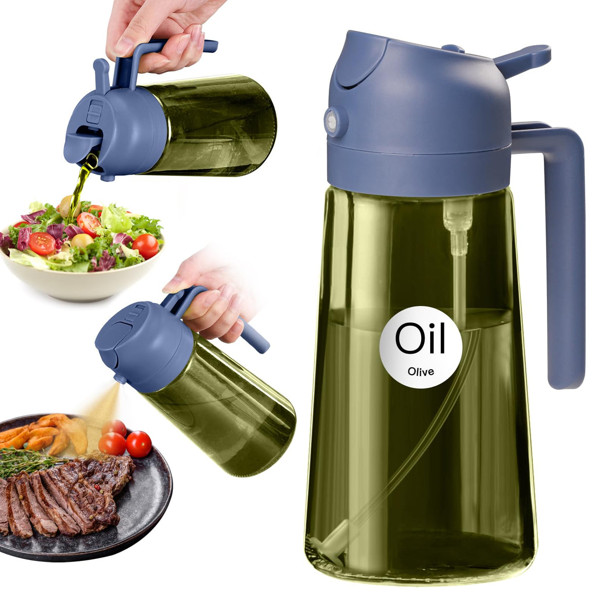 YARRAMATE 16oz/470ml Light Blocking Oil Sprayer for Cooking with Stickers, Food-Grade 2 in 1 Olive Oil Dispenser Bottle for Kitchen, Premium Dark Green Glass Oil Bottle for Air Fryer, BBQ (Green)