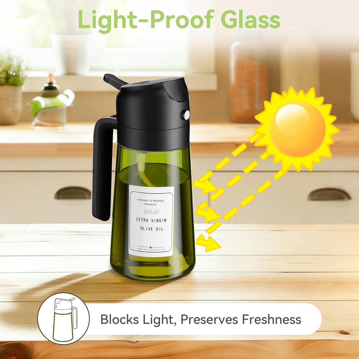 USLAI Oil Sprayer for Cooking, 16oz/470ml 2-in-1 Glass Bottle, Black Black