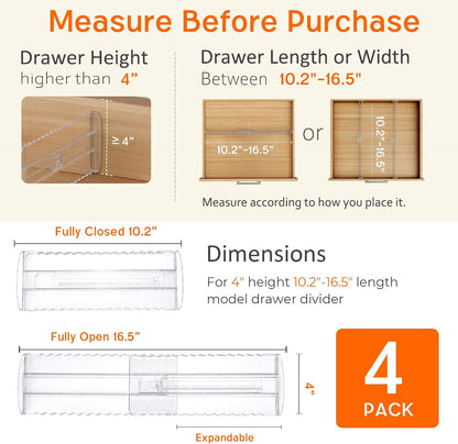 4 Pack 4" High Drawer Dividers for Clothes, 10.2"-16.5" Expandable