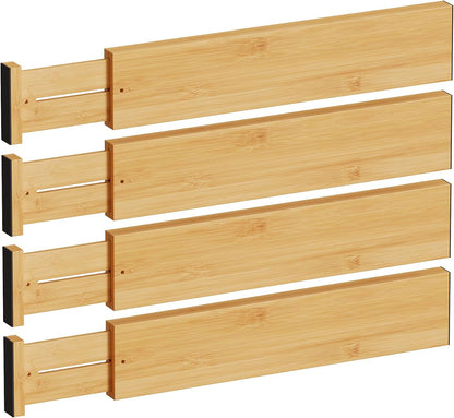 BAMEOS Bamboo Expandable Drawer Dividers – Fits 16.65"–22" Drawers, 4" Extra Deep Walls, Set of 4 | Maximum-Height Spring-Loaded Organizer for Deep Kitchen, Bathroom & Dresser Drawers