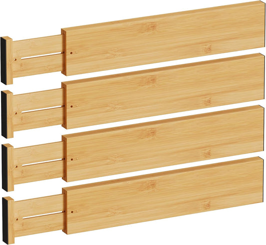 BAMEOS Bamboo Expandable Drawer Dividers – Fits 16.65"–22" Drawers, 4" Extra Deep Walls, Set of 4 | Maximum-Height Spring-Loaded Organizer for Deep Kitchen, Bathroom & Dresser Drawers