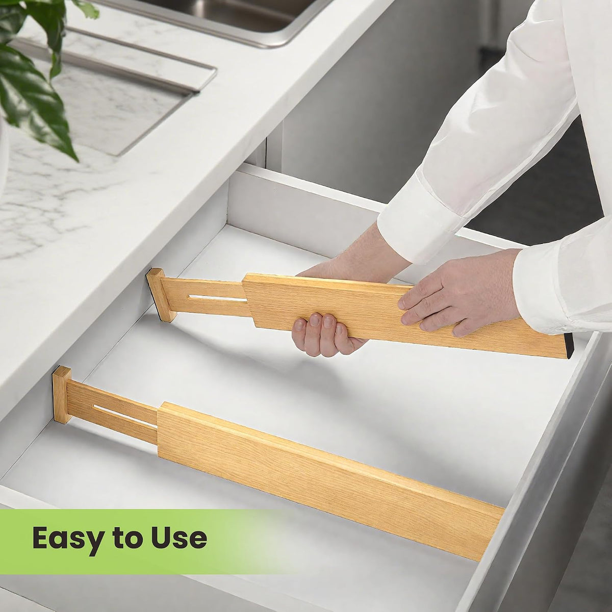 Fyvva Drawer Organizer, Spring-Loaded Expandable Bamboo Dividers 8-Pack