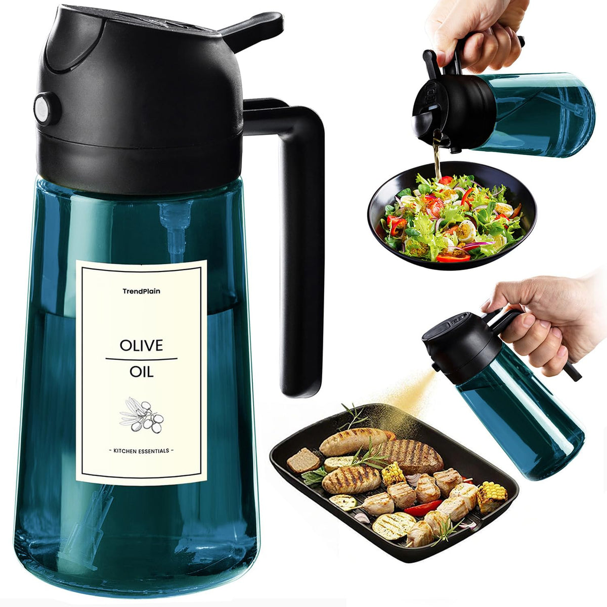 TrendPlain 16oz/470ml Blue Glass Olive Oil Sprayer for Cooking - 2 in 1 Olive Oil Dispenser for Kitchen Gadgets, Air Fryer, Salad, and BBQ (1 Pack, Black & Navy)