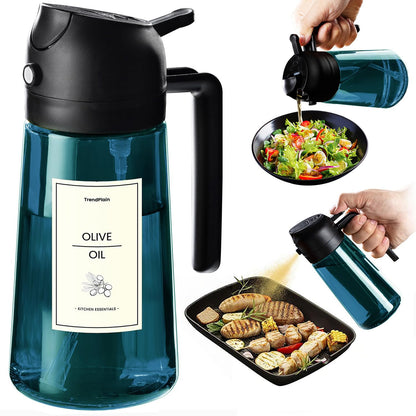 TrendPlain 16oz/470ml Blue Glass Olive Oil Sprayer for Cooking - 2 in 1 Olive Oil Dispenser for Kitchen Gadgets, Air Fryer, Salad, and BBQ (1 Pack, Black & Navy)