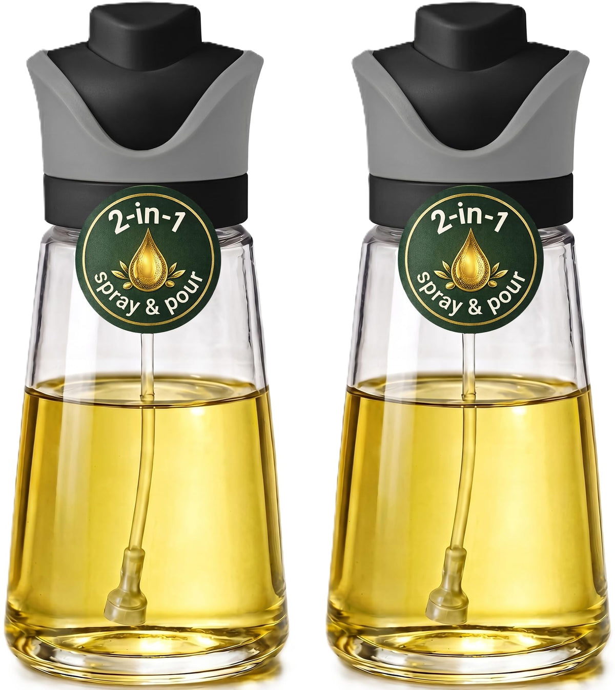 Olive Oil Dispenser for Kitchen | 2-in-1 Pour and Spray | 7.7 oz / 230 ml | Glass Olive Oil Sprayer for Cooking, Airfryer, Salad & BBQ | Set of 2 Bottles, Green
