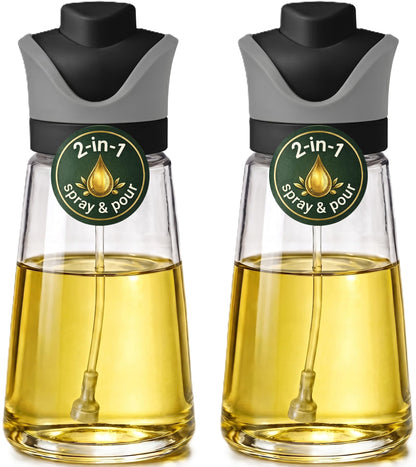 Olive Oil Dispenser for Kitchen | 2-in-1 Pour and Spray | 7.7 oz / 230 ml | Glass Olive Oil Sprayer for Cooking, Airfryer, Salad & BBQ | Set of 2 Bottles, Green