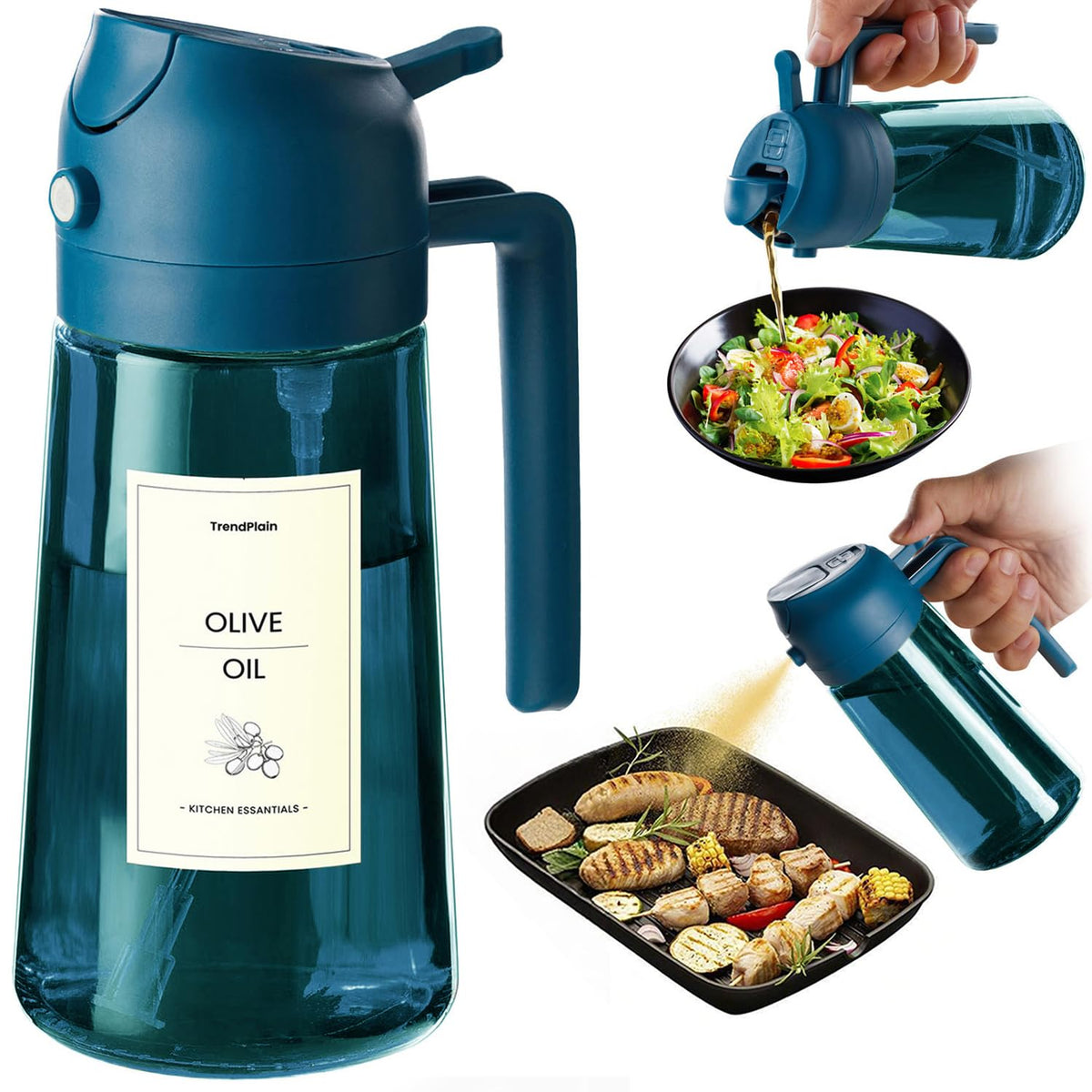 TrendPlain 16oz/470ml Blue Glass Olive Oil Sprayer for Cooking - 2 in 1 Olive Oil Dispenser for Kitchen Gadgets, Air Fryer, Salad, and BBQ (1 Pack, Black & Navy)