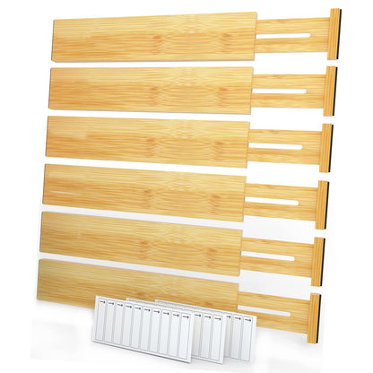 SpaceAid Bamboo Drawer Dividers with Labels, Kitchen Adjustable Drawer Organizers, Expandable Organization for Home, Office, Dressers and Bathroom, 6 Dividers (17-22 in)