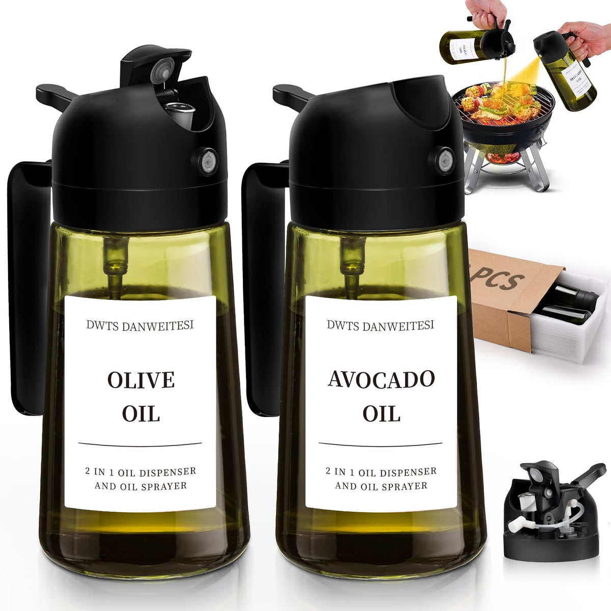 Oil Sprayer for Cooking 2pcs,2 in 1 Oil Dispenser and Oils Sprayer Kitchen Gadgets-16oz Glass Oils Spray Bottle,Mist Olive OilDispenser,Air Fryer,Salad,Grill (White Kitchen Accessories)