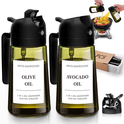 Oil Sprayer for Cooking 2pcs,2 in 1 Oil Dispenser and Oils Sprayer Kitchen Gadgets-16oz Glass Oils Spray Bottle,Mist Olive OilDispenser,Air Fryer,Salad,Grill (White Kitchen Accessories)