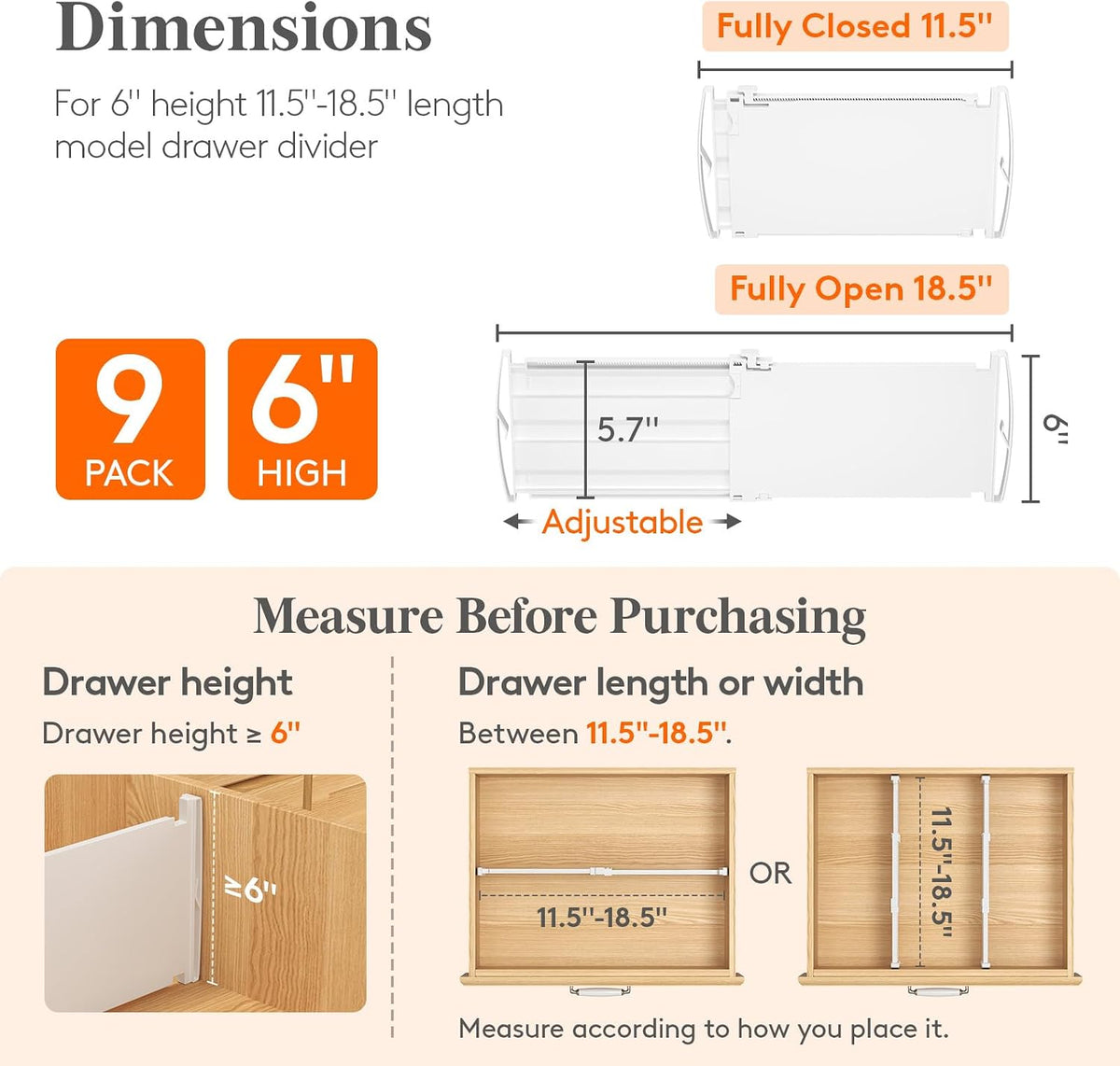 Lifewit 6" Tall Drawer Dividers, Adjustable Deep Drawer Organizer Clothes