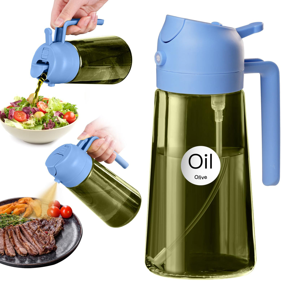 YARRAMATE 16oz/470ml Light Blocking Oil Sprayer for Cooking with Stickers, Food-Grade 2 in 1 Olive Oil Dispenser Bottle for Kitchen, Premium Dark Green Glass Oil Bottle for Air Fryer, BBQ (Green)